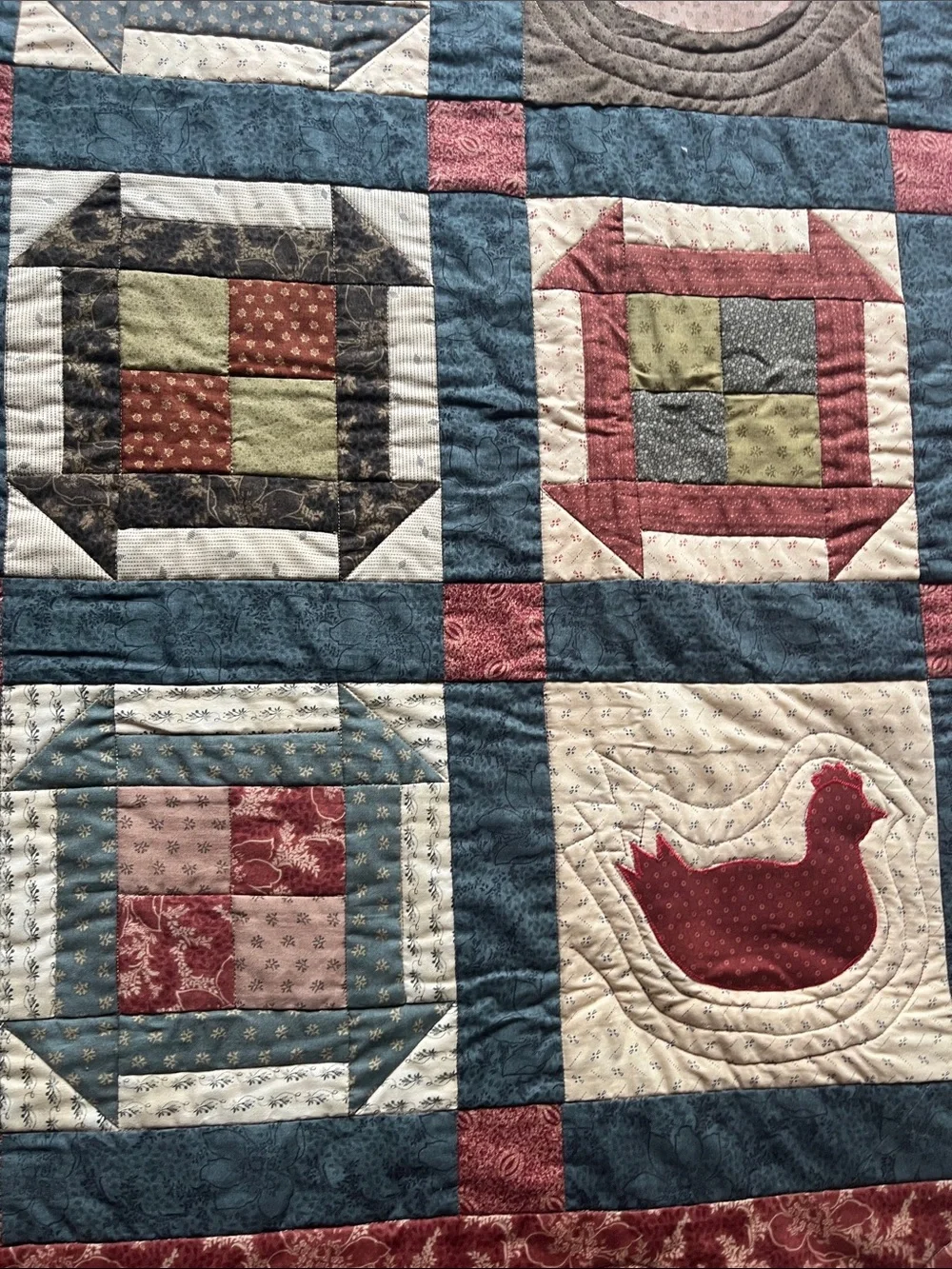 Handmade Hen House Quilt 51” x 61” Made by Maria Umhey